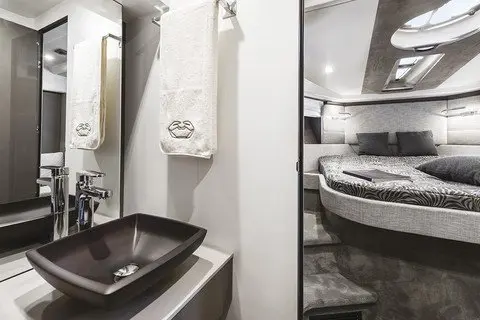 Cranchi M44 HT, master cabin — Barcelona Yacht Rental, Barcelona. Sitges swims and sunset light, easy 14m comfort