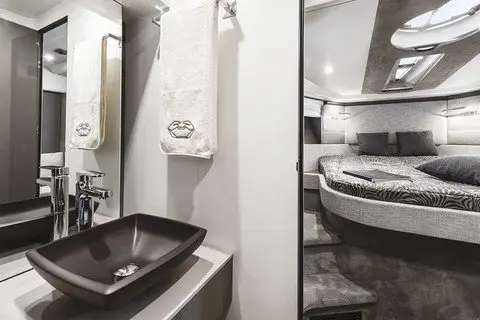 Cranchi M44 HT, master cabin — Barcelona Yacht Rental, Barcelona. Sitges swims and sunset light, easy 14m comfort