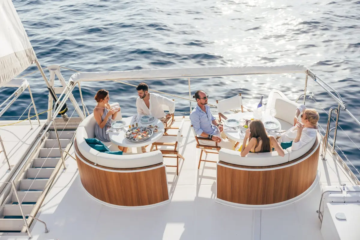 Manana Yacht, main deck — Barcelona Yacht Rental, Barcelona. Sitges swims and shoreline lunches at an easy pace