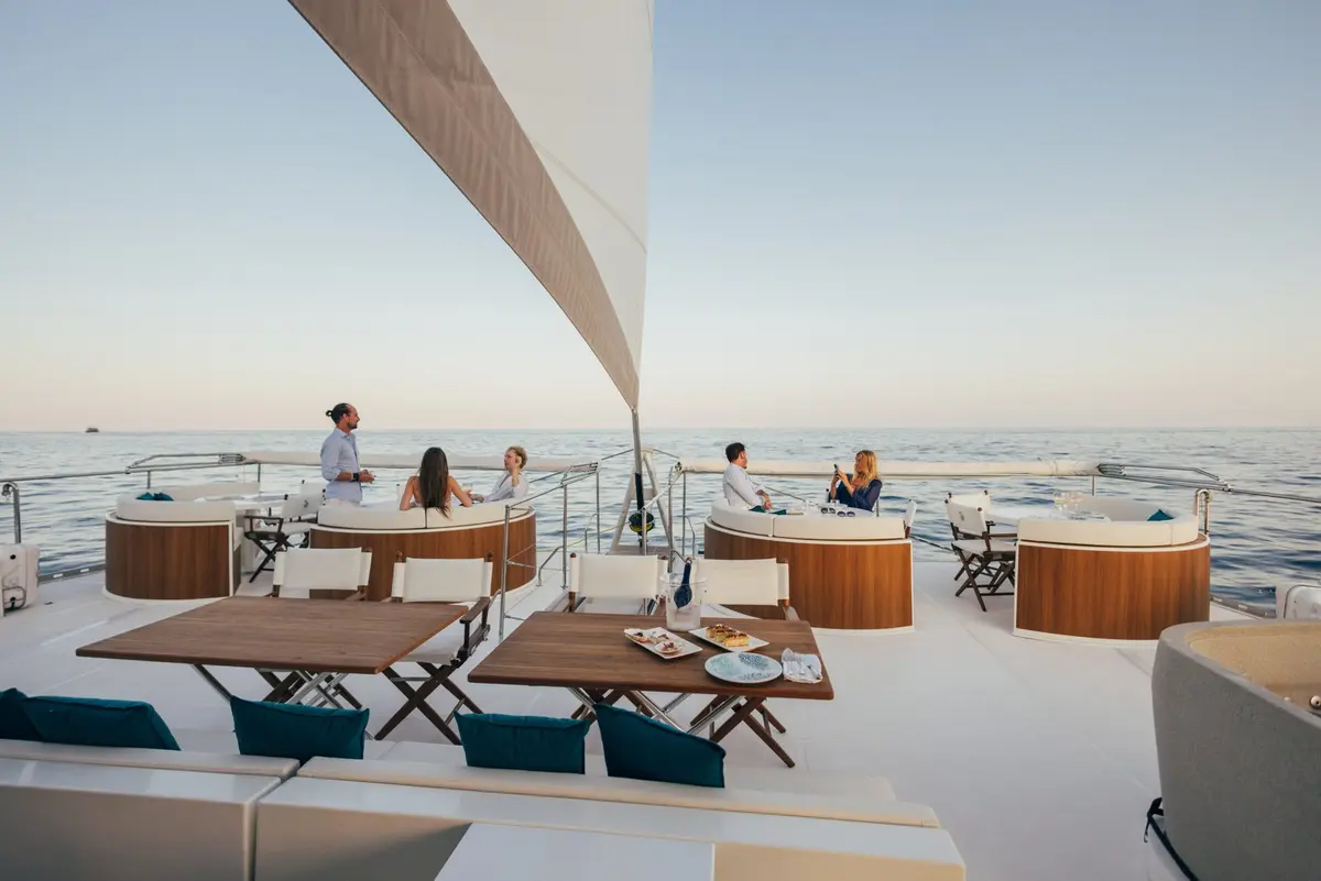 Manana Yacht, aft deck — Barcelona Yacht Rental, Barcelona. Sitges swims and shoreline lunches at an easy pace