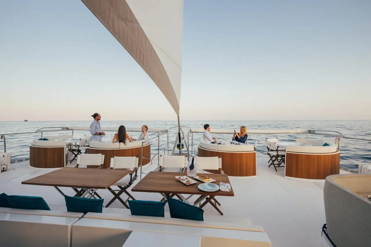 Manana Yacht, aft deck — Barcelona Yacht Rental, Barcelona. Sitges swims and shoreline lunches at an easy pace