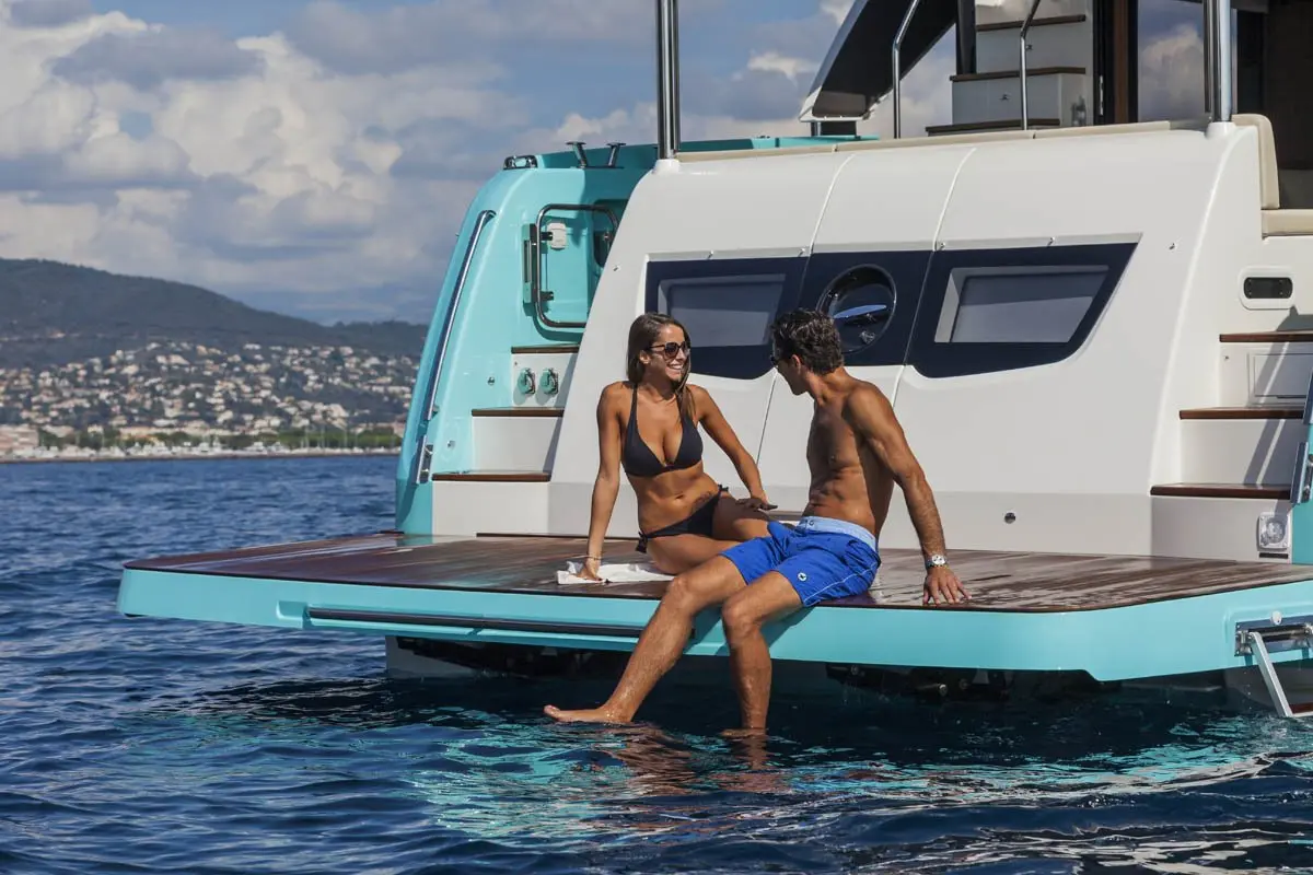 Navetta 58, aft deck — Barcelona Yacht Rental, Barcelona. A steady long-range hull built for Sitges afternoons