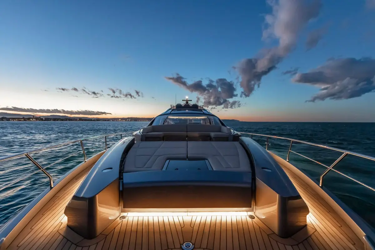 Pershing 8X, cabine principale — Barcelona Yacht Rental, Barcelone. Coque sportive filant vers Sitges dès l'aube