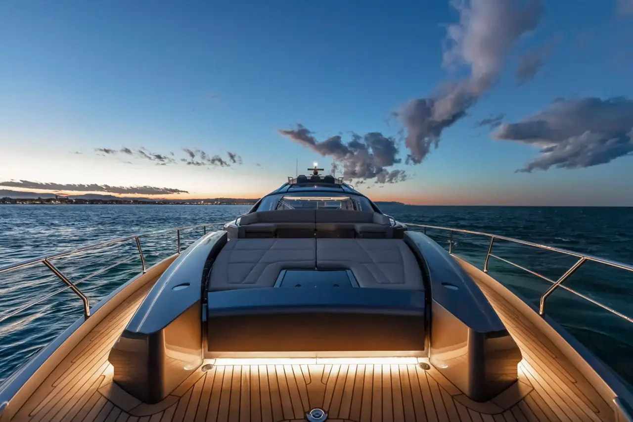 Pershing 8X, cabine principale — Barcelona Yacht Rental, Barcelone. Coque sportive filant vers Sitges dès l'aube
