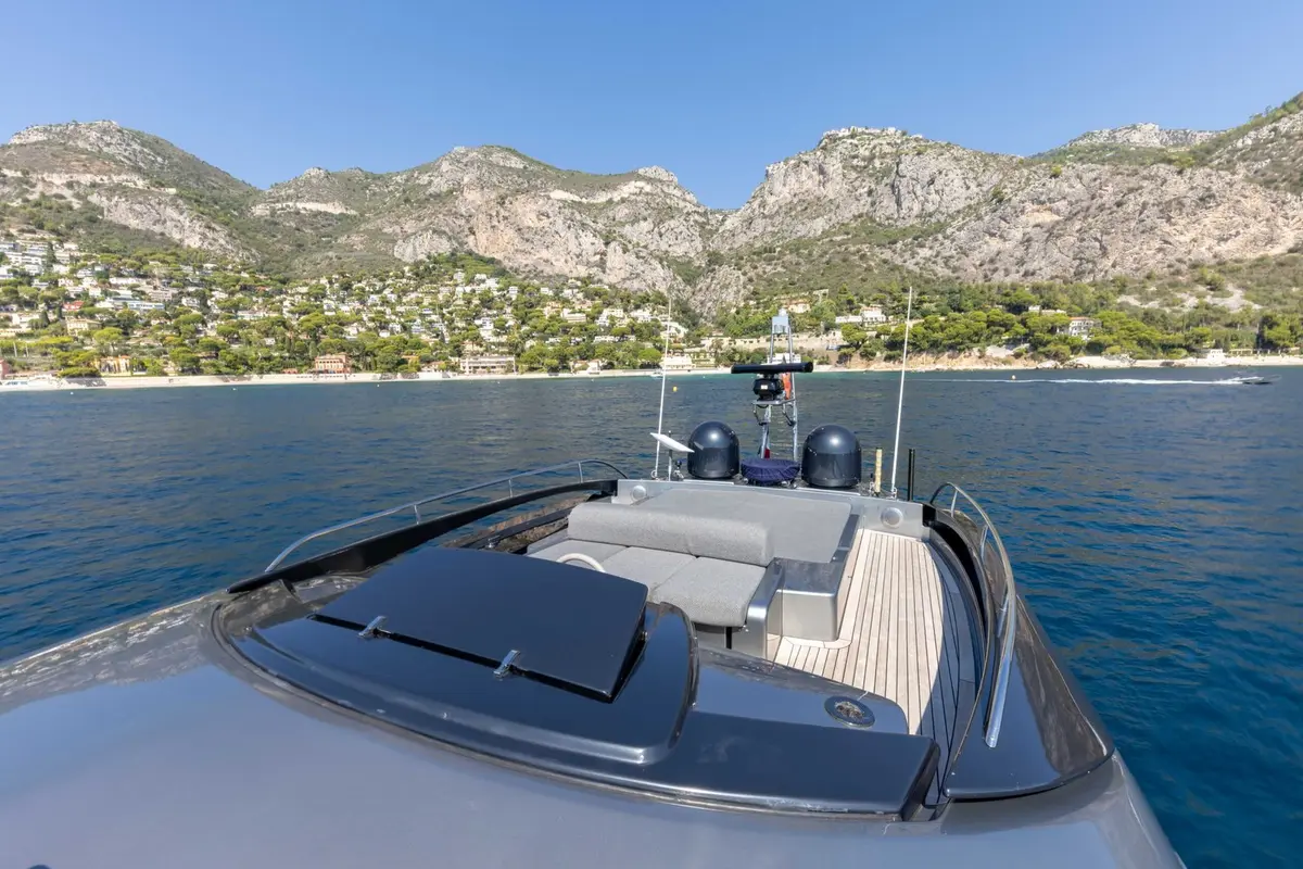 Riva 86 Domino, aft deck — Barcelona Yacht Rental, Barcelona. Sleek Italian lines built for the Sitges run