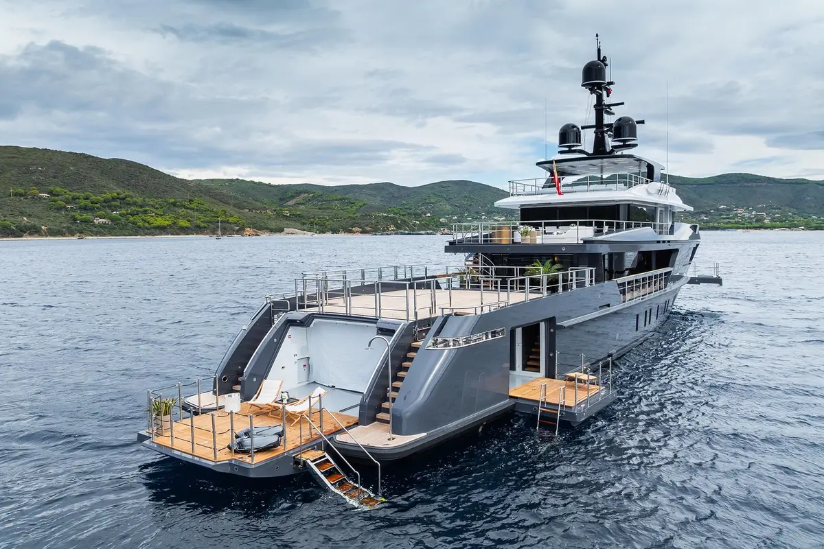 M, main deck — Barcelona Yacht Rental, Barcelona. Broad decks and steady range for a Balearics crossing