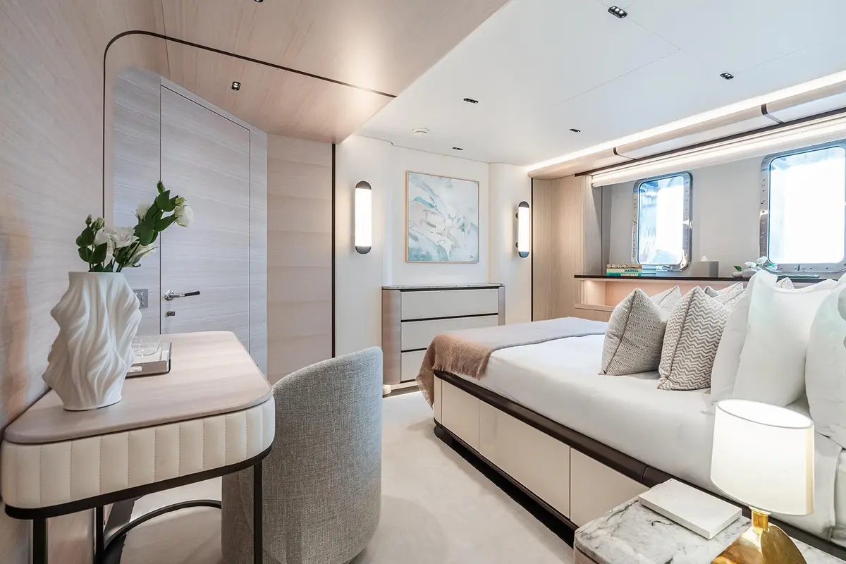 M, aft deck — Barcelona Yacht Rental, Barcelona. Broad decks and steady range for a Balearics crossing