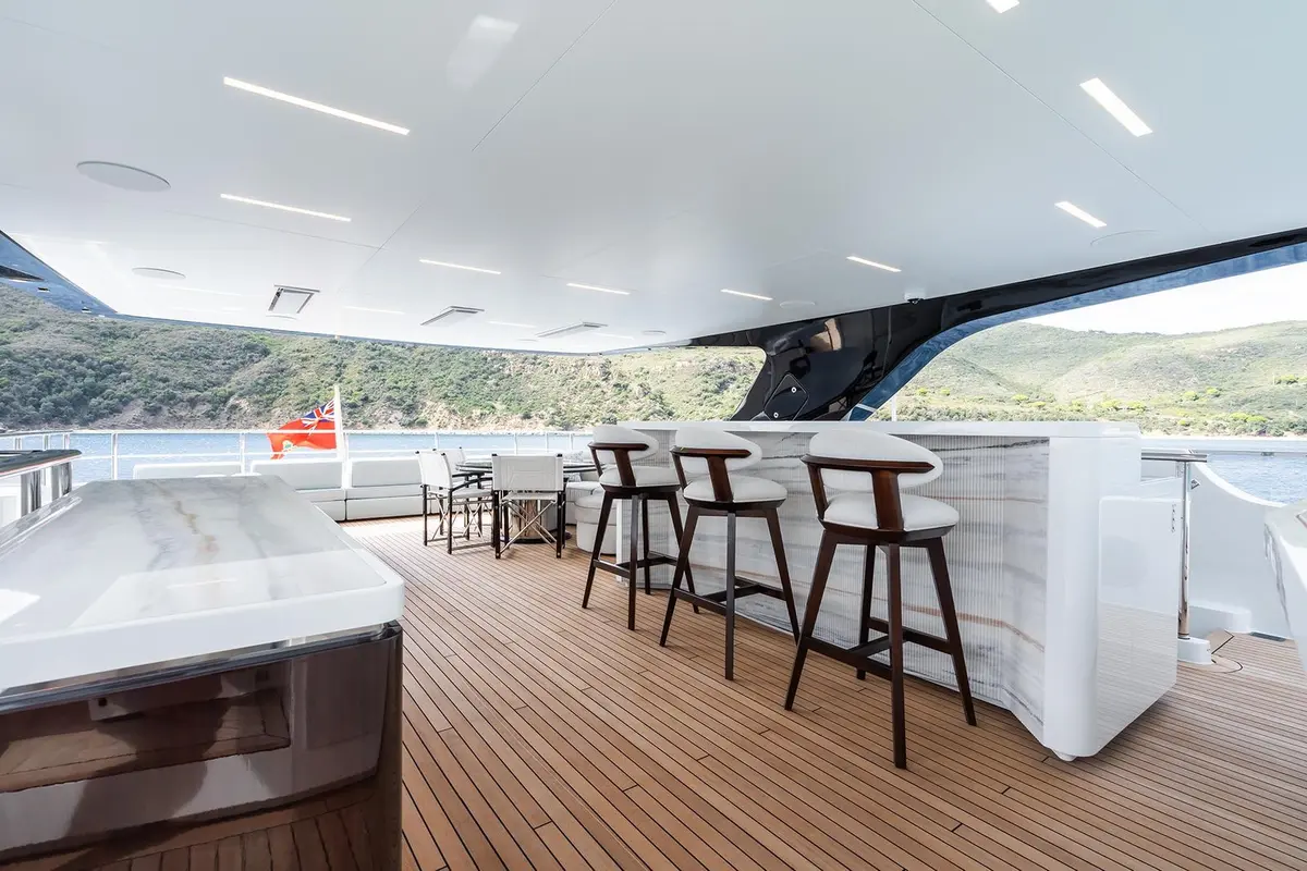 M, salon — Barcelona Yacht Rental, Barcelona. Broad decks and steady range for a Balearics crossing