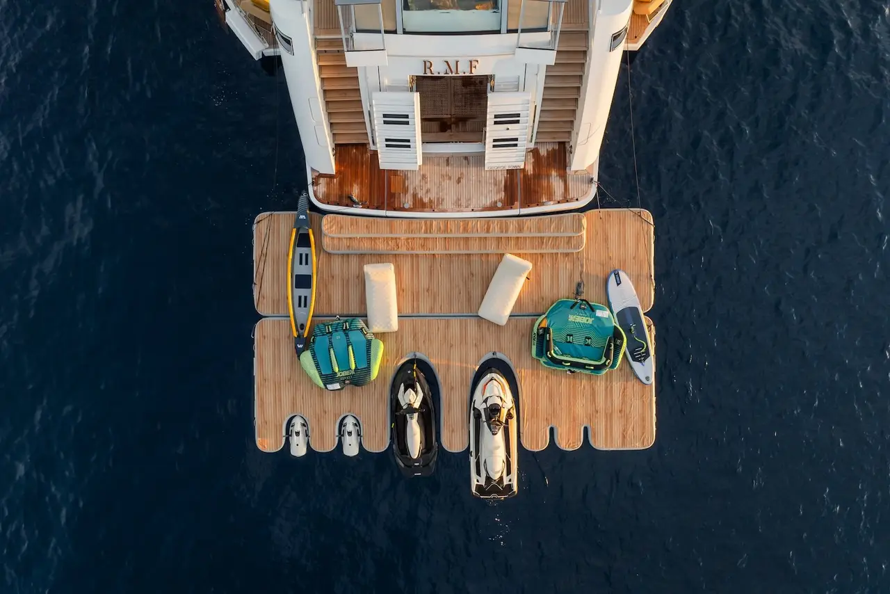 RMF, aft deck — Barcelona Yacht Rental, Barcelona. Wide decks and steady range toward Menorca