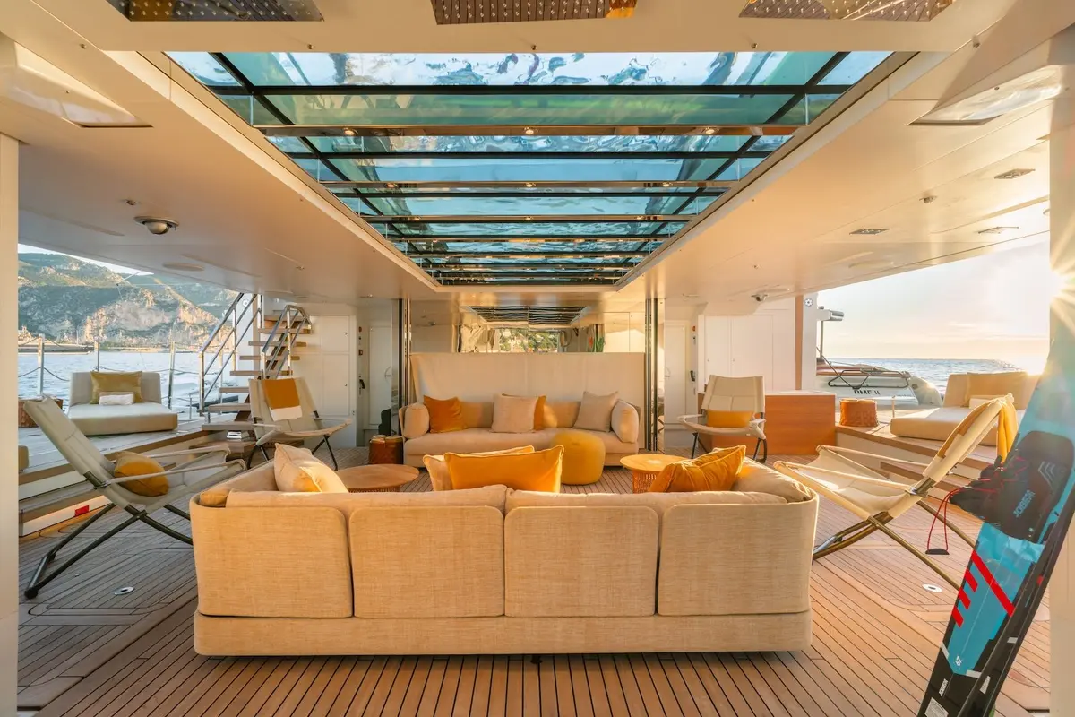 RMF, master cabin — Barcelona Yacht Rental, Barcelona. Wide decks and steady range toward Menorca