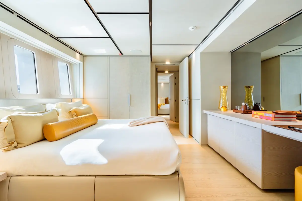 RMF, exterior — Barcelona Yacht Rental, Barcelona. Wide decks and steady range toward Menorca